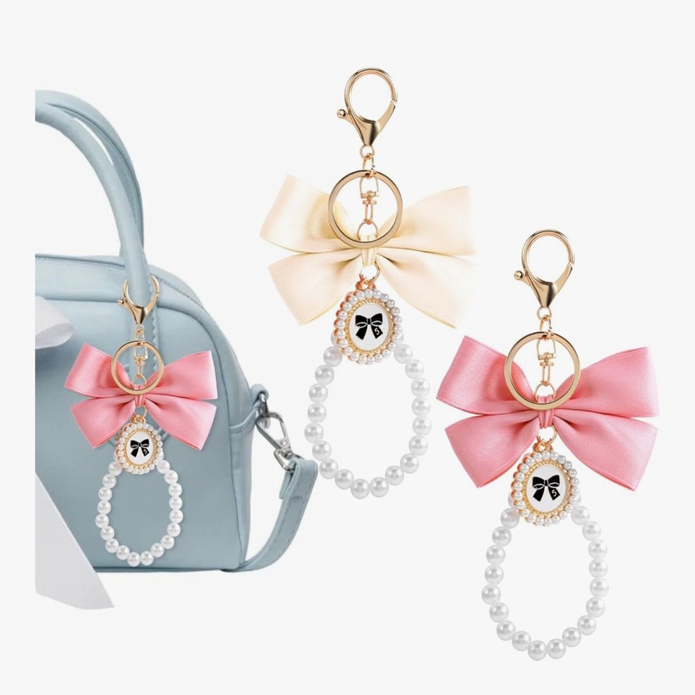 🆕 2 Pcs Cute Bow Keychain for Women, Pearl Bow Keychain Wristlet, for Handbags